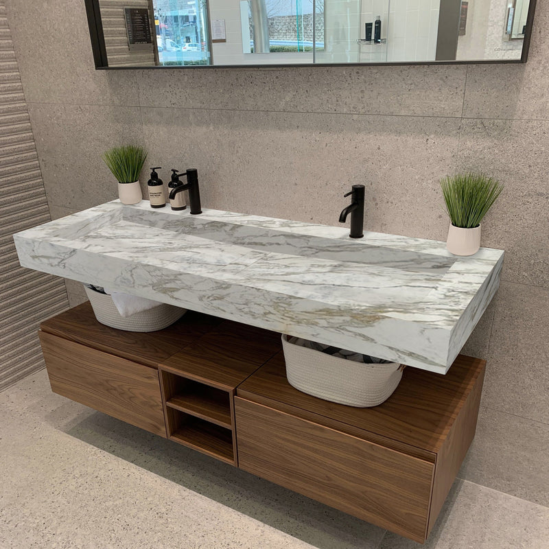 Fantasy White Marble Modern Rectangular Sink Wall-mount Bathroom Sink (W)18" (L)52" (H)5" installed modern bathroom wooden bath cabinets black 2 faucets