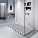 Shell Stone White Limestone Rectangular Shower Base Hand-carved from Solid Block (W)36" (L)48" installed bathroom shower glass walls chrome wall mount faucet soap shelves marble flooring and marble wall tiles