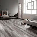 Fuison series wood looking porcelain tile 6x24 aztec series grey 10082587 installed on a modern living room with white furniture