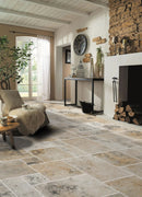 Golden Ink Antique Pattern GLDINPAT brushed chiseled installed on living room floor wide view