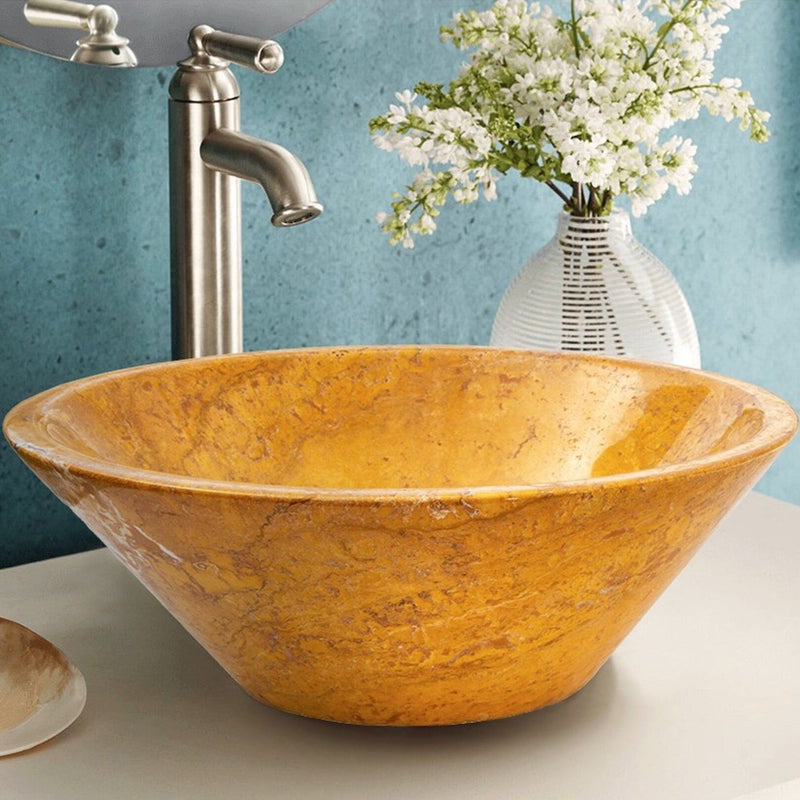 Golden Sienna Travertine vessel sink V shape tapered EGEGSTPO165 D16 H6 bathroom view