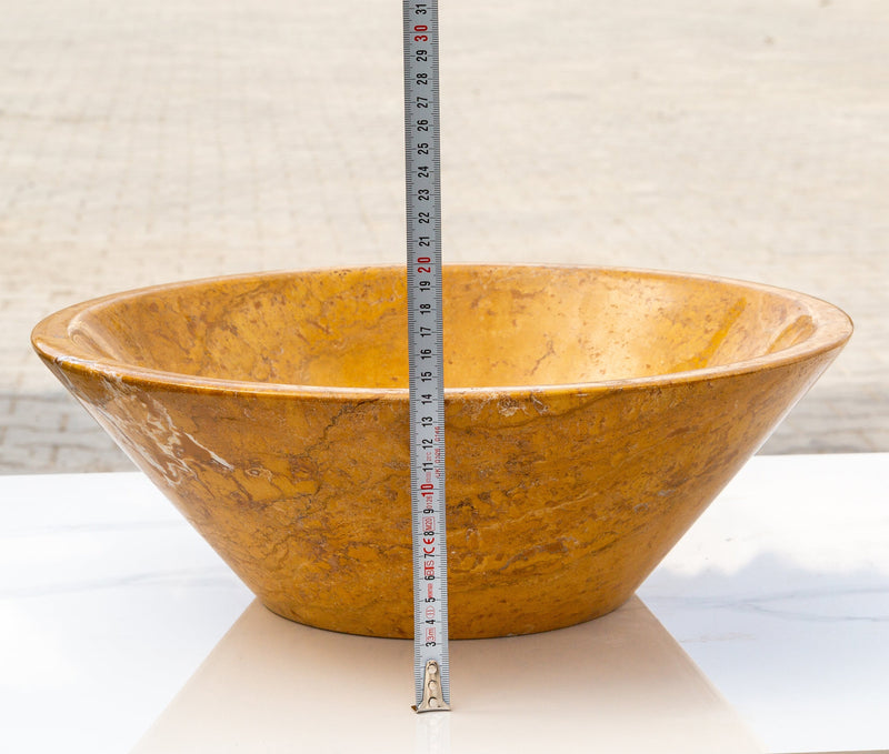 Golden Sienna Travertine vessel sink V-shape tapered EGEGSTPO165 D16 H6 side measure view