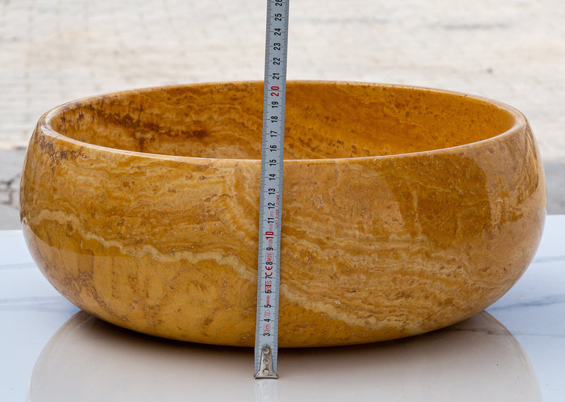 Golden Sienna travertine bathroom vessel sink polished EGEGSTR1673 D16 H6 side measure view