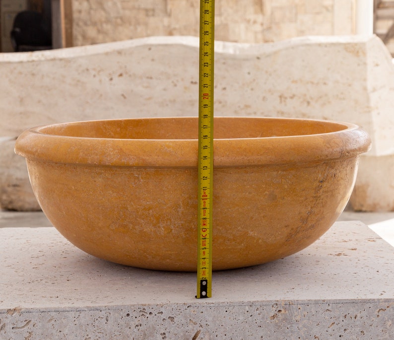 Golden Sienna Natural Stone Travertine Drop-in Vessel Sink Honed and Filled (D)16" (H)6" height measure view