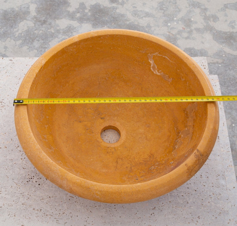 Golden Sienna Natural Stone Travertine Drop-in Vessel Sink Honed and Filled (D)16" (H)6" diameter measure view