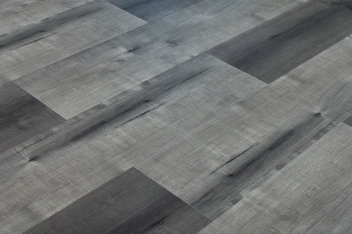 WPC Vinyl Rigid Core 7" Width 48" RL 8.5mm Thick, 1.5mm IXPE, Hamilton Grey, Bermuda Floors - Mazzia Collection plank angle view 2