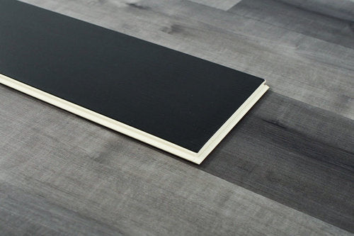 WPC Vinyl Rigid Core 7" Width 48" RL 8.5mm Thick, 1.5mm IXPE, Hamilton Grey, Bermuda Floors - Mazzia Collection plank edge view