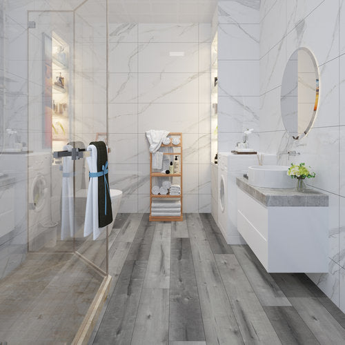 WPC Vinyl Rigid Core 7" Width 48" RL 8.5mm Thick, 1.5mm IXPE, Hamilton Grey, Bermuda Floors - Mazzia Collection bath view