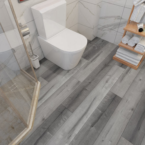 WPC Vinyl Rigid Core 7" Width 48" RL 8.5mm Thick, 1.5mm IXPE, Hamilton Grey, Bermuda Floors - Mazzia Collection bath view 2