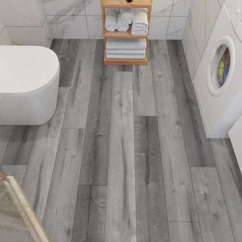 WPC Vinyl Rigid Core 7" Width 48" RL 8.5mm Thick, 1.5mm IXPE, Hamilton Grey, Bermuda Floors - Mazzia Collection bath view 3
