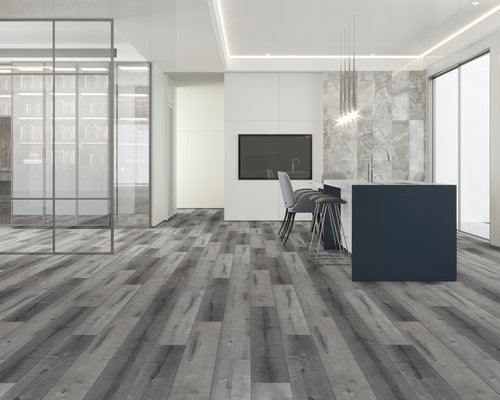 WPC Vinyl Rigid Core 7" Width 48" RL 8.5mm Thick, 1.5mm IXPE, Hamilton Grey, Bermuda Floors - Mazzia Collection office view