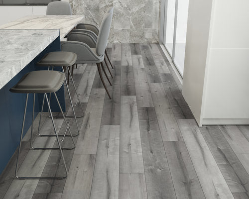 WPC Vinyl Rigid Core 7" Width 48" RL 8.5mm Thick, 1.5mm IXPE, Hamilton Grey, Bermuda Floors - Mazzia Collection office view 2
