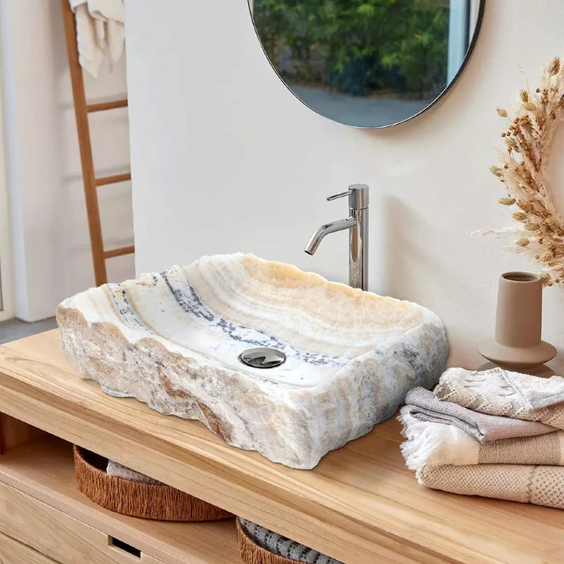 Honey onyx natural stone rectangular sink NTRSTC55 W13 L16 H5.5 installed bathroom above wooden counter