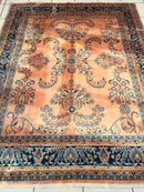Hand-Knotted Indo-Sarouk Wool Rug – 8' x 10' – Peach Field with Navy Border