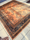 Hand-Knotted Indo-Sarouk Wool Rug – 8' x 10' – Peach Field with Navy Border