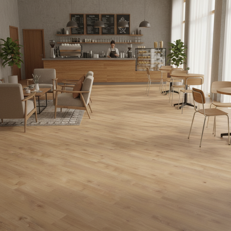 Modern cafe interior with wooden flooring, tables, and chairs.