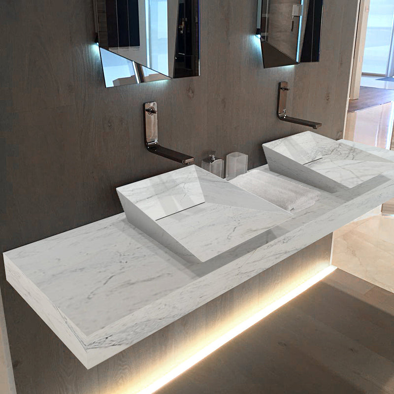 Imperial White Marble Double Sink Above Vanity Wall-mount Bathroom Sink (W)21" (L)80" (H)8" installed bathroom with modern wall-mount faucets Led lighting from floor under vanity