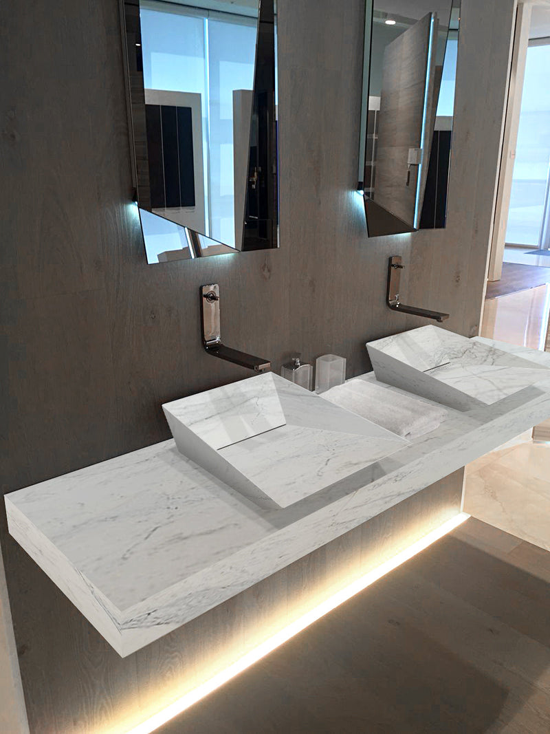 Imperial White Marble Double Sink Above Vanity Wall-mount Bathroom Sink (W)21" (L)80" (H)8" installed bathroom with modern wall-mount faucets Led lighting from floor under vanity wide