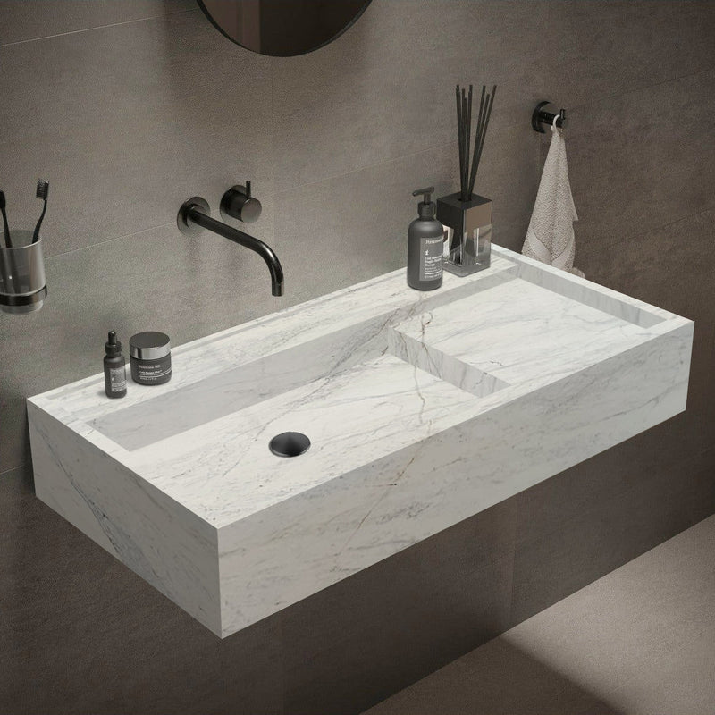 Imperial Marble Modern Rectangular Sink Wall-mount Bathroom Sink (W)18" (L)48" (H)8" installed bathroom black wall-mount faucet liquid soap hand-towel hung to wall