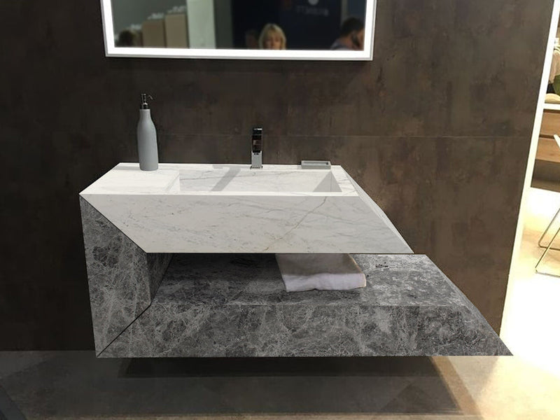 Imperial White and Tundra Gray Marble Designer Wall-mount Bathroom Sink (W)18" (L)32" (H)24" installed bathroom 