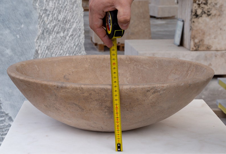 Karina walnut travertine natural stone oval shape vessel sink honed and filled w16 l205 h6 SPKWTNS19 product shot measurement view 2