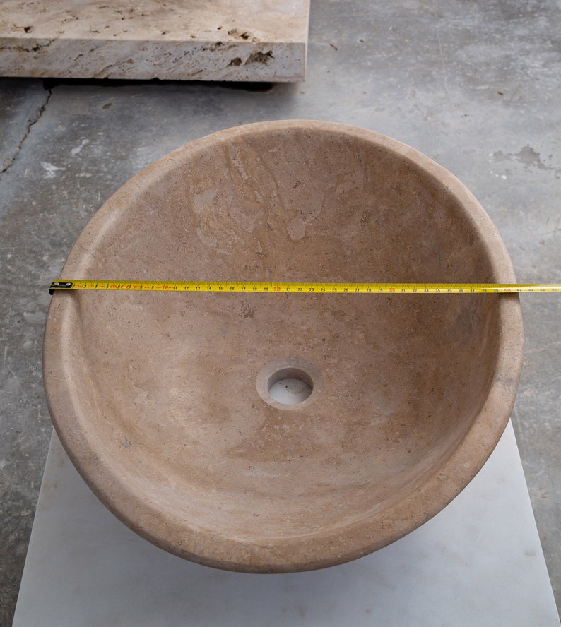 Karina walnut travertine natural stone oval shape vessel sink honed and filled w16 l205 h6 SPKWTNS19 product shot measurement view 3