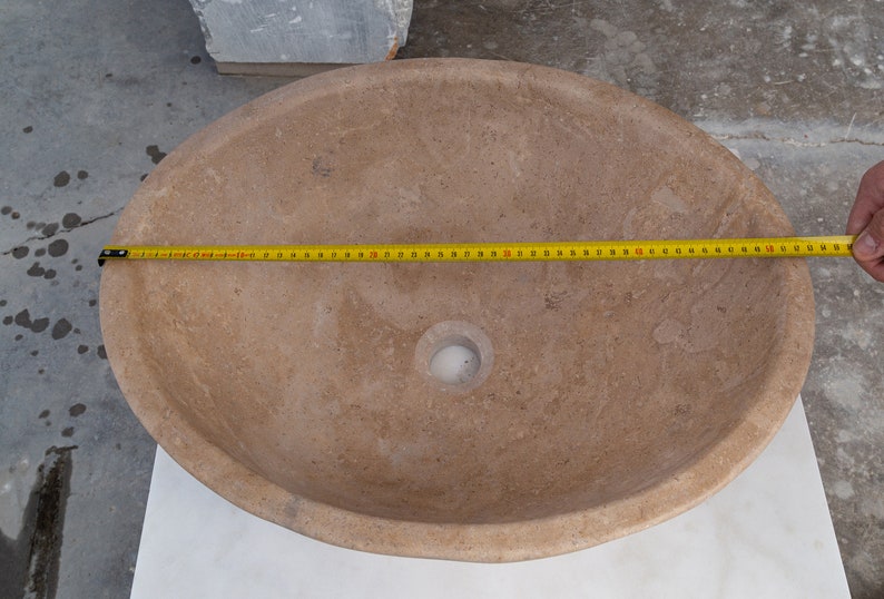 Karina walnut travertine natural stone oval shape vessel sink honed and filled w16 l205 h6 SPKWTNS19 product shot measurement view