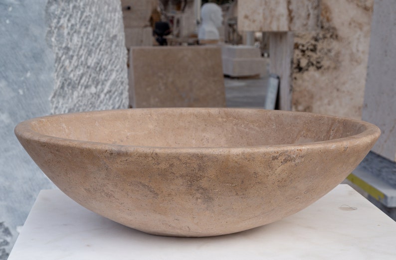 Karina walnut travertine natural stone oval shape vessel sink honed and filled w16 l205 h6 SPKWTNS19 product shot side view