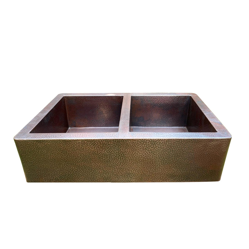 Hammered Copper Double Bowl Farmhouse Sink - Nocturn