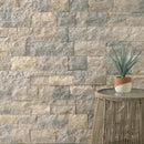 Stone wall with a small table and plant