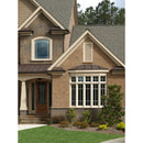 Brick house with a brown roof and white trim