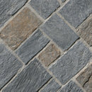 Close-up of gray stone tiles arranged in a herringbone pattern
