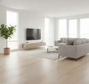 Modern living room with a gray sofa, TV, and plant
