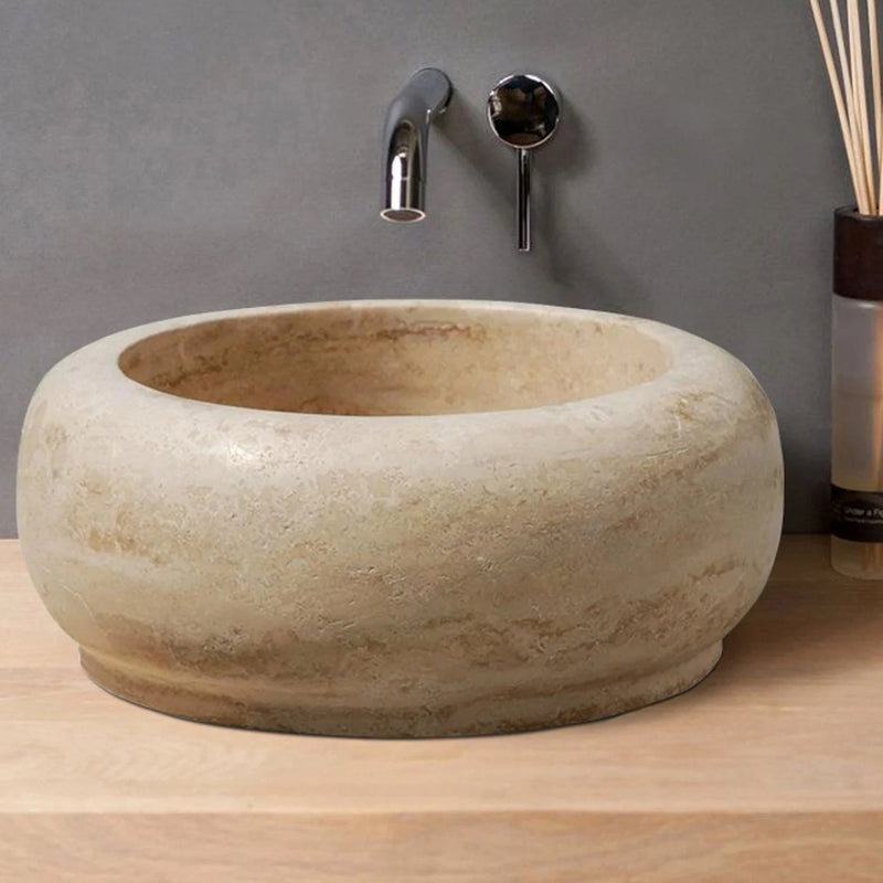 Light Beige Travertine Round Vessel Sink 20020003 Filled Honed bathroom view