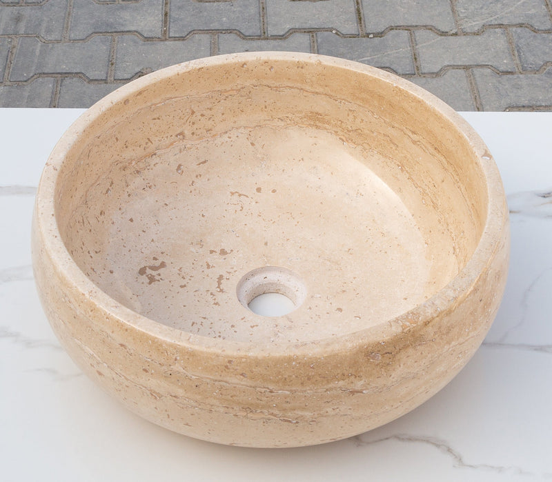 Light Beige travertine vessel sink polished EGE166-01 D16 H6 angle view