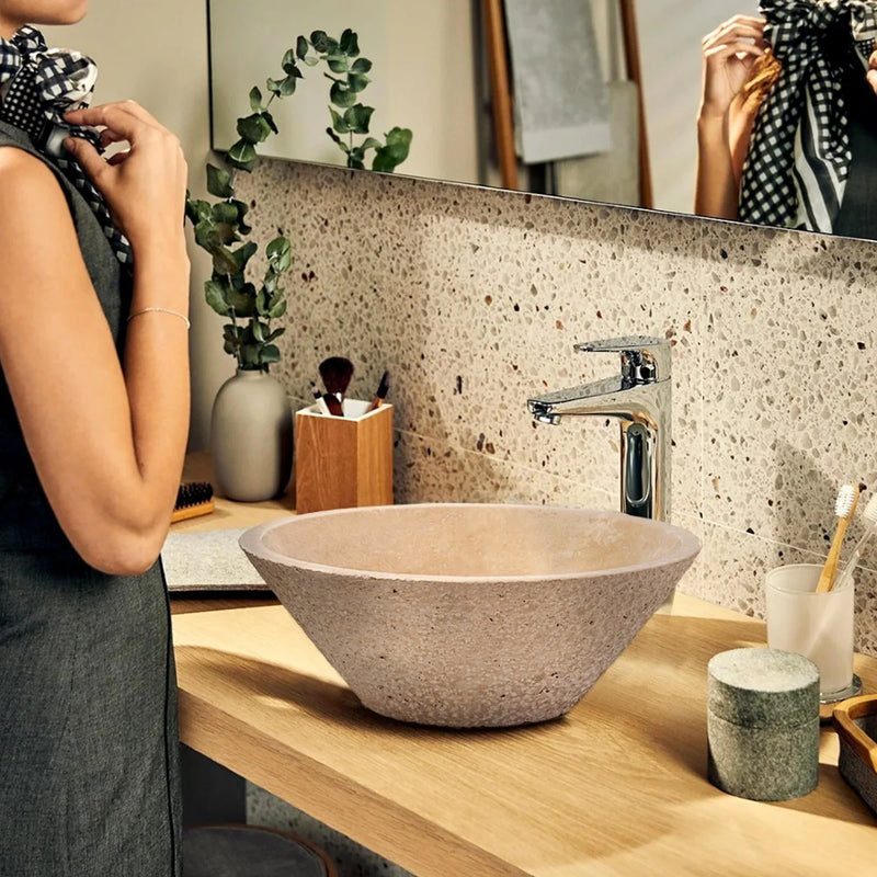 Light beige travertine vessel sink honed inside rough outside EGELBT1661 D16 H6 bathroom view