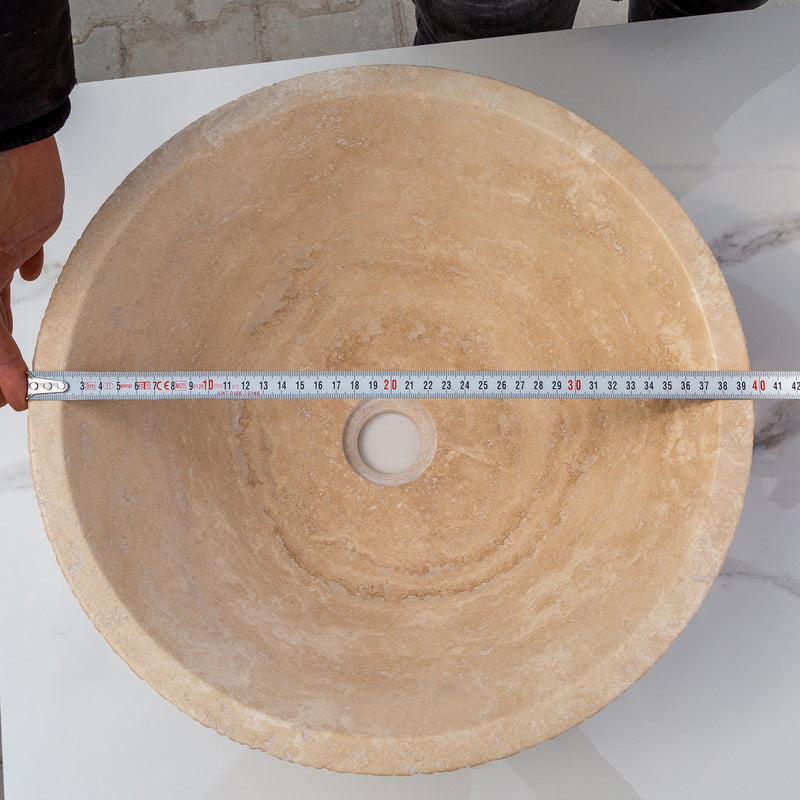 Light beige travertine vessel sink honed inside rough outside EGELBT1661 D16 H6 diameter measure view