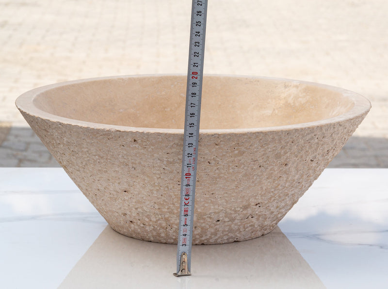 Light beige travertine vessel sink honed inside rough outside EGELBT1661 D16 H6 height measure view