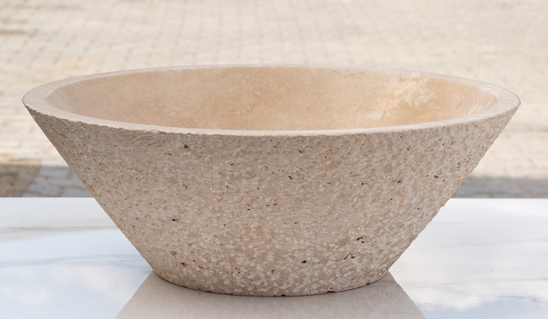 Light beige travertine vessel sink honed inside rough outside EGELBT1661 D16 H6 side view