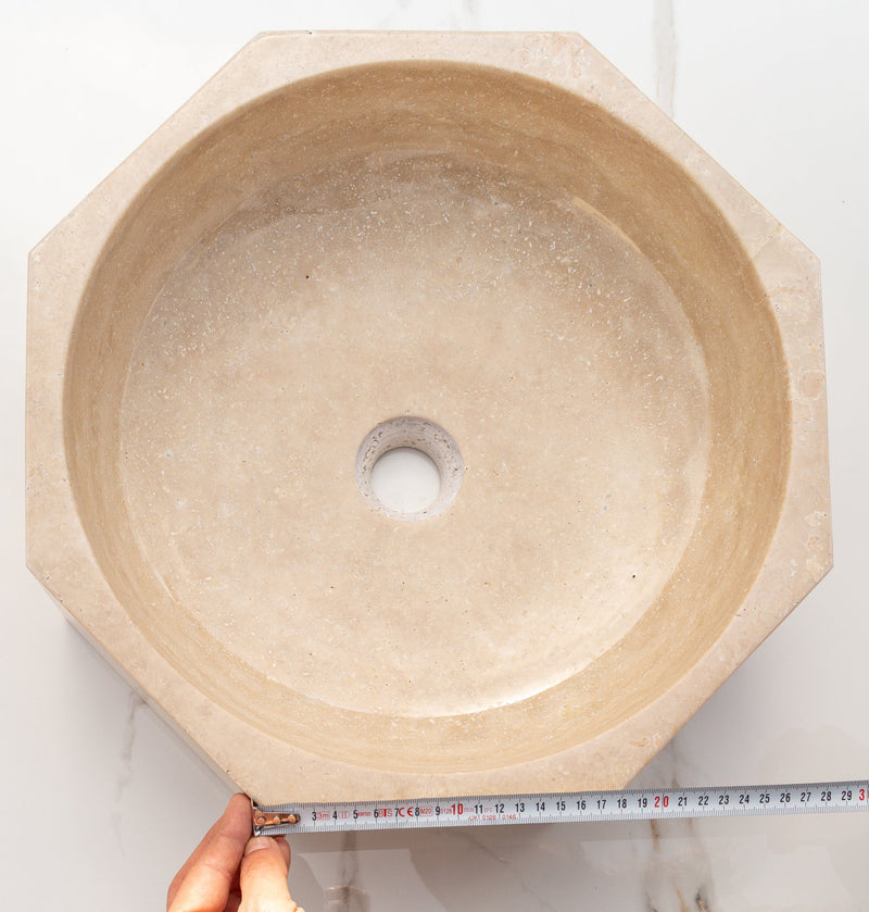 Light beige travertine vessel sink polished EGELBTOP166 D16 H6 edge measure view