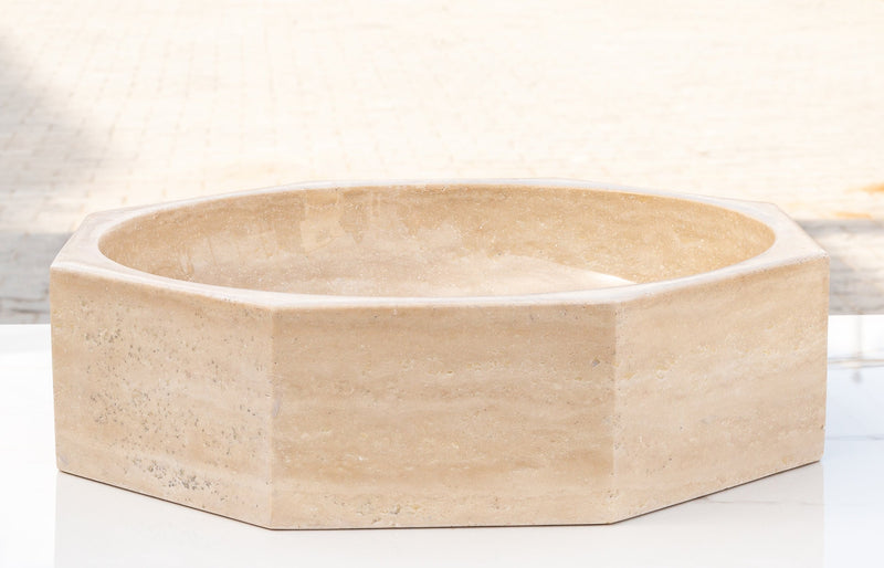 Light beige travertine vessel sink polished EGELBTOP166 D16 H6 side view