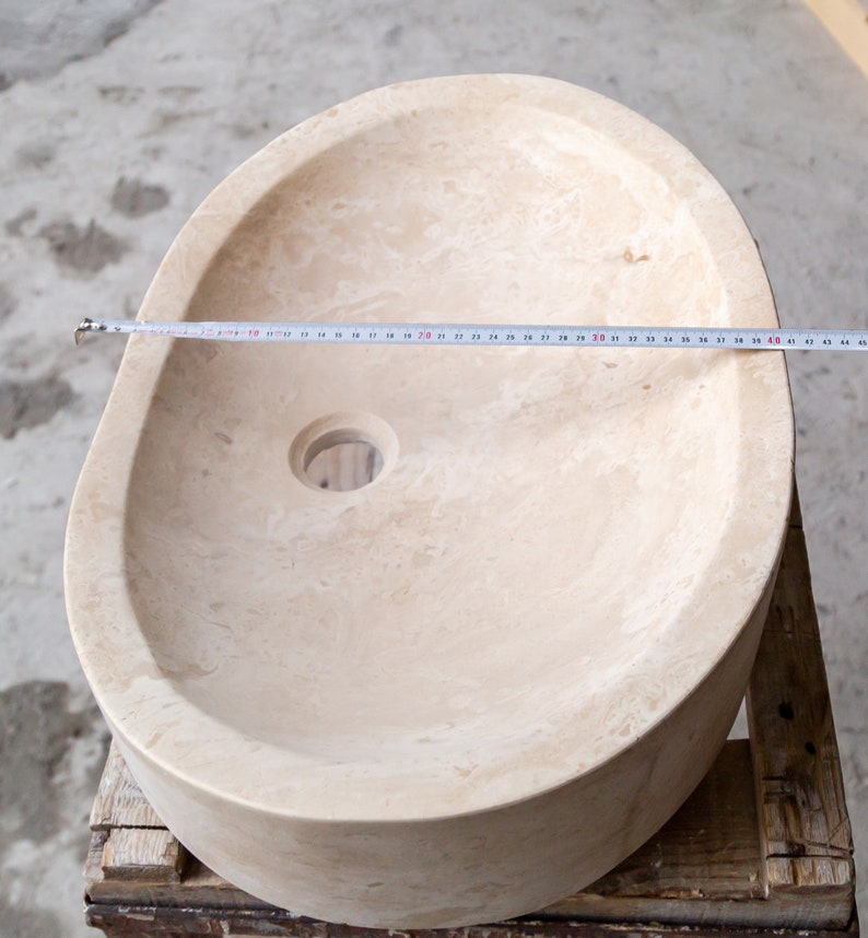 Light Travertine Natural Stone Special Design Vessel Sink Honed and Filled width measure view