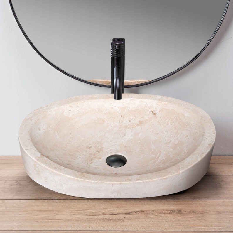 Light Travertine Natural Stone Special Design Vessel Sink Honed and Filled bathroom view