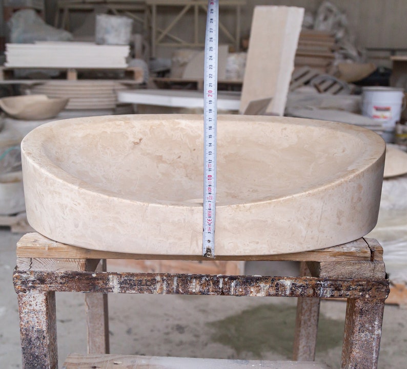 Light Travertine Natural Stone Special Design Vessel Sink Honed and Filled height measure view