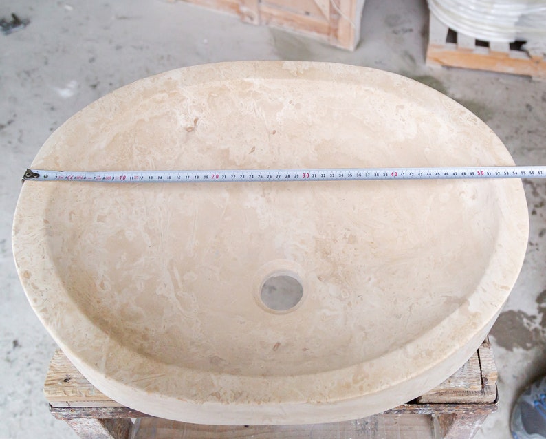 Light Travertine Natural Stone Special Design Vessel Sink Honed and Filled length measure view