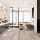SPC Vinyl Rigid Core 7" Width 60" RL, 6mm Thick, 1.5mm IXPE Lucid Silver Amare Floors - Mazzia Collection Product shoot Washroom view