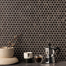 Penny Round Iris Black Honed 11 1/4"x11 3/4" Marble Mosaic kitchen view