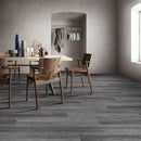 MSI wood collection belmond mercury 8x40 matte glazed ceramic floor wall tile NBELMER8X40 living room with wooden dining table and chairs