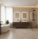 Modern bathroom with a freestanding bathtub, double sink vanity, and shower area.