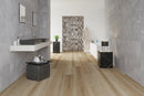 SPC Vinyl Rigid Core 9" Width 60" RL, 7mm Thick, 1.5mm IXPE Maison Tan Omnia Floors - Mazzia Collection Product shoot washroom view